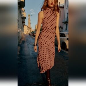 Zara Burgundy/toffee Polka Dot Midi Dress